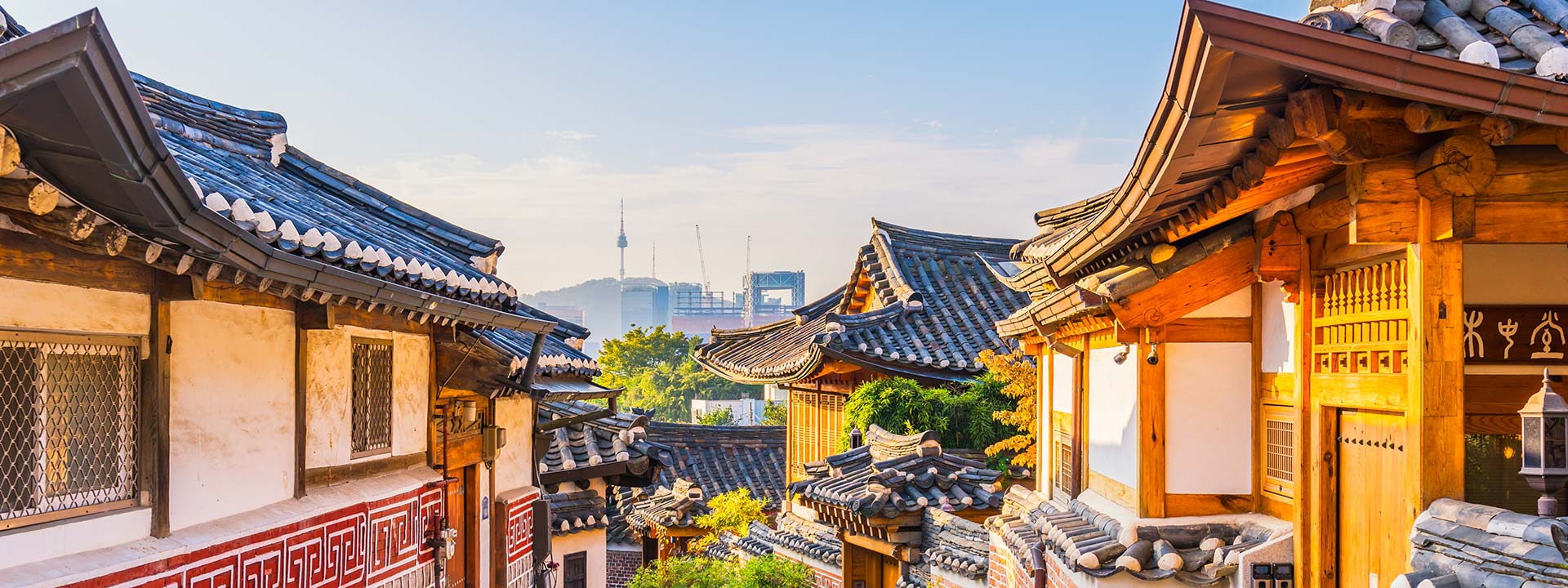 Sunrise of Bukchon Hanok Village in Seoul, South Korea.